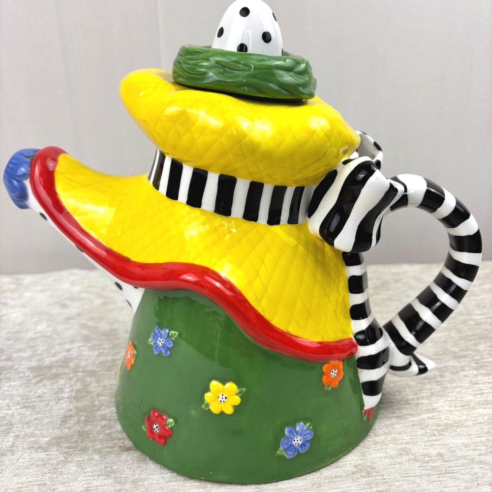 Carol Eldridge by Silvestri Tea Pot Whimsical with Lid Handpainted Stripe Flower